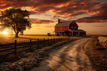 A rural farm bathed in the warm hues of a setting sun, symbolizing the end of a hard day's work. Concept of agriculture and simplicity. Generative Ai.