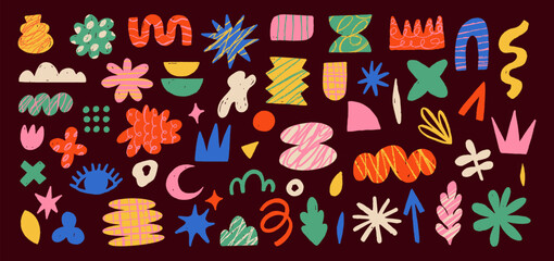 Hand drawn naive, bizarre abstract geometric shapes and forms. Modern contemporary figures, various organic shapes and doodle objects, vector graphic elements