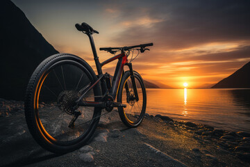 Fototapeta premium A silhouetted cyclist riding along a scenic coastal road during sunset. Concept of outdoor activities and adventure. Generative Ai.