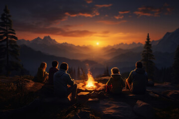 A family gathered around a campfire in the wilderness, watching the sun disappear. Concept of outdoor bonding and traditions. Generative Ai.