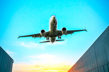 Passenger jet plane flies in the sky. Air transport industry