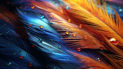 Feathers with a gradient of colors, covered in dewdrops, set against the backdrop of a serene, time-bending vortex.