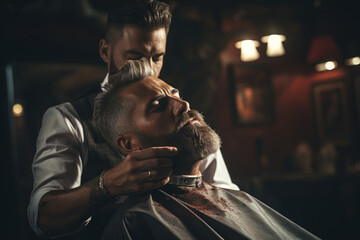 A barber's hands skillfully trimming a client's beard, emphasizing precision and style. Concept of meticulous facial hair grooming. Generative Ai. - obrazy, fototapety, plakaty