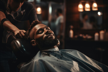 A barbershop scene with a client enjoying a relaxing head massage before a haircut. Concept of grooming and stress relief. Generative Ai. - obrazy, fototapety, plakaty