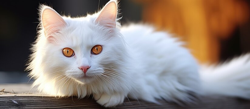 In the background of a beautifully isolated home I captured a portrait of a cute white cat with striking gold and orange hair its captivating eyes shining brightly in the camera truly a bea