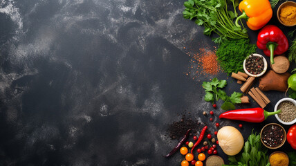 composition of different types of fresh vegetables on black background. healthy food concept. copy space