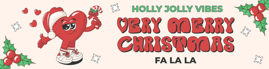 Retro groovy Merry Christmas banner template with heart  character and text. Vector funky cartoon design for header of website.	