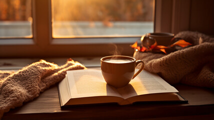 a cup of coffee on the background of the old window. autumn background. - obrazy, fototapety, plakaty