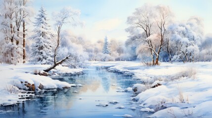 Fototapeta na wymiar watercolor wonderful winter landscape