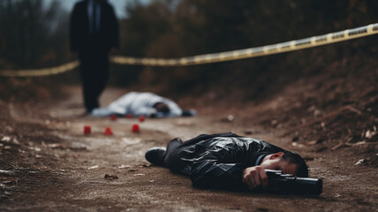 ime and crime concept. crime scene with police officer and police car - obrazy, fototapety, plakaty