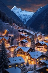 Christmas backdrop with snow-covered alpine village. Serene mountains valley. - obrazy, fototapety, plakaty