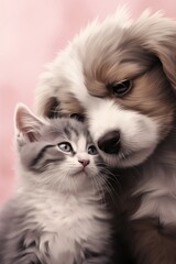 Puppy & kitten together, Adorable pet love of a dog and cat, love and harmony between pets, pet adoption campaigns
