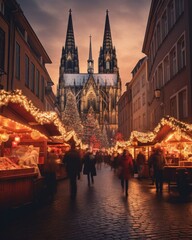 Fototapeta na wymiar Photographic scene of Christmas market in an ancient European town.