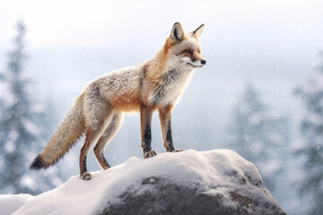Fototapeta premium Fox in winter wilderness landscape, close up scenery