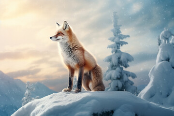 Fototapeta premium Fox in winter wilderness landscape, close up scenery