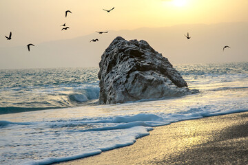 Sea wave beats on the rock against the sunset. silhouettes of a flock of flying birds