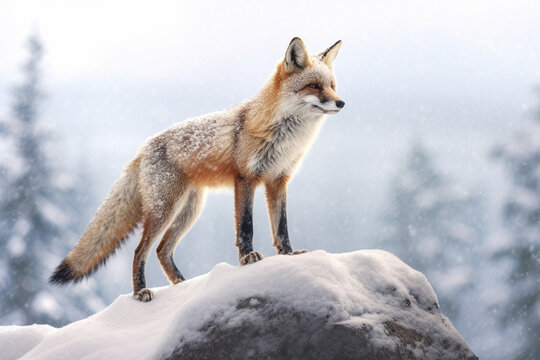 Fox in winter wilderness landscape, close up scenery