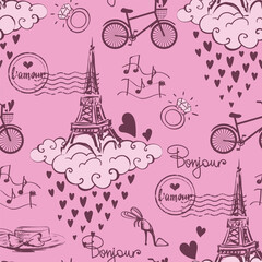 Fototapeta na wymiar Seamless pattern with Eiffel Tower, stamp, hearts rain, bicycle, ring, notes. Girlish repeat print for fashion textile, wrapping paper.
