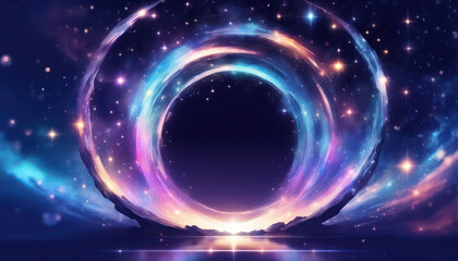 Beautiful cosmic portal in blue and purple with stars and copy space