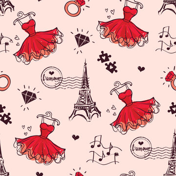 Girlish Seamless pattern with red dress, Eiffel Tower, stamp, diamond, puzzle, notes. Paris repeat print.