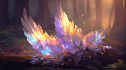 Iridescent feathers reflecting the morning light, adorned with dewdrops, creating a magical scene in a misty forest.