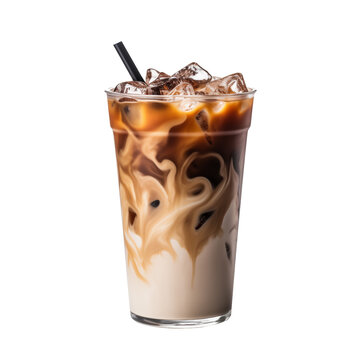 Iced latte coffee on plastic glass and tube-sucking isolated on transparent background, summer drink concept. Generative AI