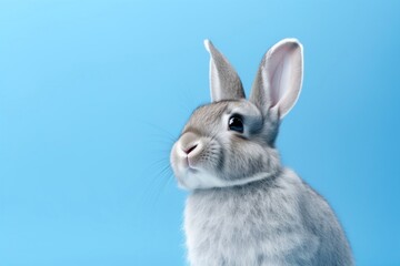 Obraz premium Adorable bunny with a curious gaze on blue background 