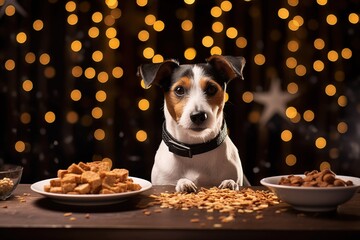 A dog eating a bowl of dog food. Alert black and white dog with vibrant collar sits attentively beside a bowl of food. The backdrop of twinkling lights creates a serene dining environment - obrazy, fototapety, plakaty