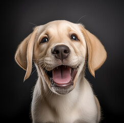 Closeup photo of a cute funny and playful eight-week old yello Labrador Retriever dog isolated on a black studio background
