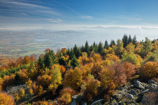 View to Bohemia over the mountain range of the Ore Mountains in Czech Republic in autumn