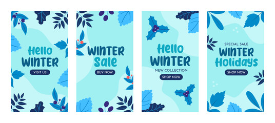 Hello winter promotional content templates set. Social media templates for covers, backgrounds and posters with winter season elements and text. Cool and modern vector illustrations.