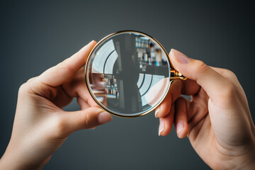 Magnifying glass in a woman's hand close-up on a gray background. ai generative
