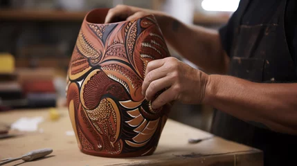 Zelfklevend Fotobehang female hands making a product from clay ai generative © Екатерина Чумаченко