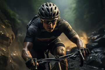 A cyclist racing through a scenic mountain road during a challenging stage of a professional cycling race. Concept of cycling and endurance. Generative Ai.