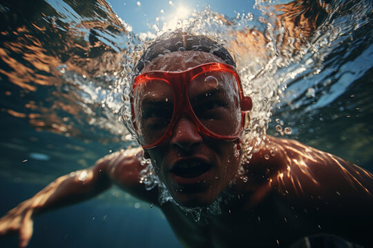 A competitive swimmer diving into the pool with perfect form at the start of a race. Concept of swimming excellence. Generative Ai.