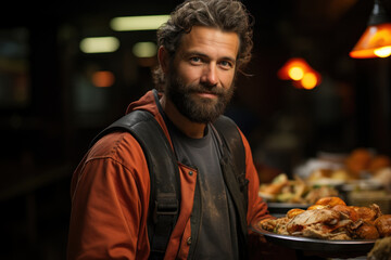 Fototapeta premium A person volunteering at a homeless shelter, exemplifying the ethics of altruism and charity. Generative Ai.