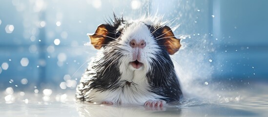 In a white bathroom a cute and funny guinea pig a black and blue rodent enjoys a bath with grooming shampoo splashing in the water with its adorable background of an animal