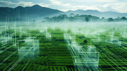 Green field system with glowing lines, network analysis, futuristic digital scientific diagrams. Creative concept of agro rural industry, topography. 
