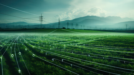 Green field system with glowing lines, network analysis, futuristic digital scientific diagrams. Creative concept of agro rural industry, topography.  - obrazy, fototapety, plakaty
