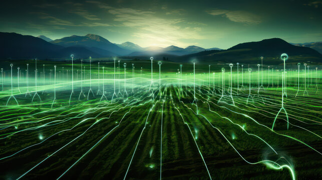Green field system with glowing lines, network analysis, futuristic digital scientific diagrams. Creative concept of agro rural industry, topography. 