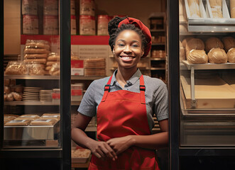 Mujer de raza negra, joven, dueña de un ultramarinos, vestida con un delantal rojo, posando para una foto en la puerta del establecimiento - obrazy, fototapety, plakaty