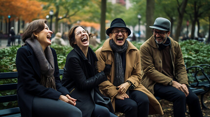 People laughing at a park bench in a city park