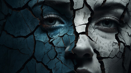 woman covered face covered with torn blue eyes, close - up. - obrazy, fototapety, plakaty