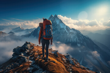 A woman hiker reaching the summit of a challenging mountain, experiencing the thrill of adventure and accomplishment. Generative Ai.