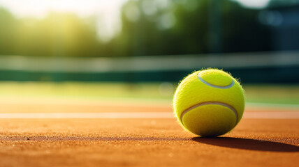 tennis ball and racket on a court with a background