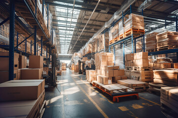 Logistic wholesale storehouse, for furniture merchandise inventory and wood material. Construction supplies big box store - obrazy, fototapety, plakaty