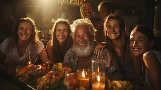 Photo of big family sit feast dishes table around roasted turkey multi-generation relatives in living room indoors, 