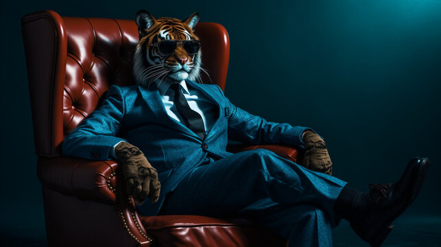 Fototapeta Cool tiger in business suit and sun glasses sitting on luxury armchair. Generative AI