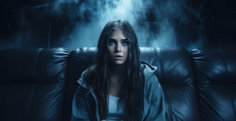 Shocked teen watching horror movie, portrait of scared girl in dark cinema. Person and emotional film. Concept of home theater, thriller, suspense, surprise, vibe - obrazy, fototapety, plakaty