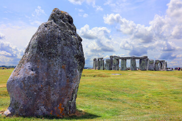 Stonehenge is a prehistoric monument on Salisbury Plain in Wiltshire. It consists of an outer ring of vertical sarsen standing stones. Inside is a ring of smaller bluestones.